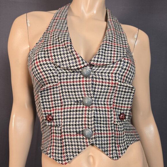 Cello Jeans Tops - Y2K Vest Waistcoat Fitted Houndstooth Size XS Academia Office Siren Beige Black